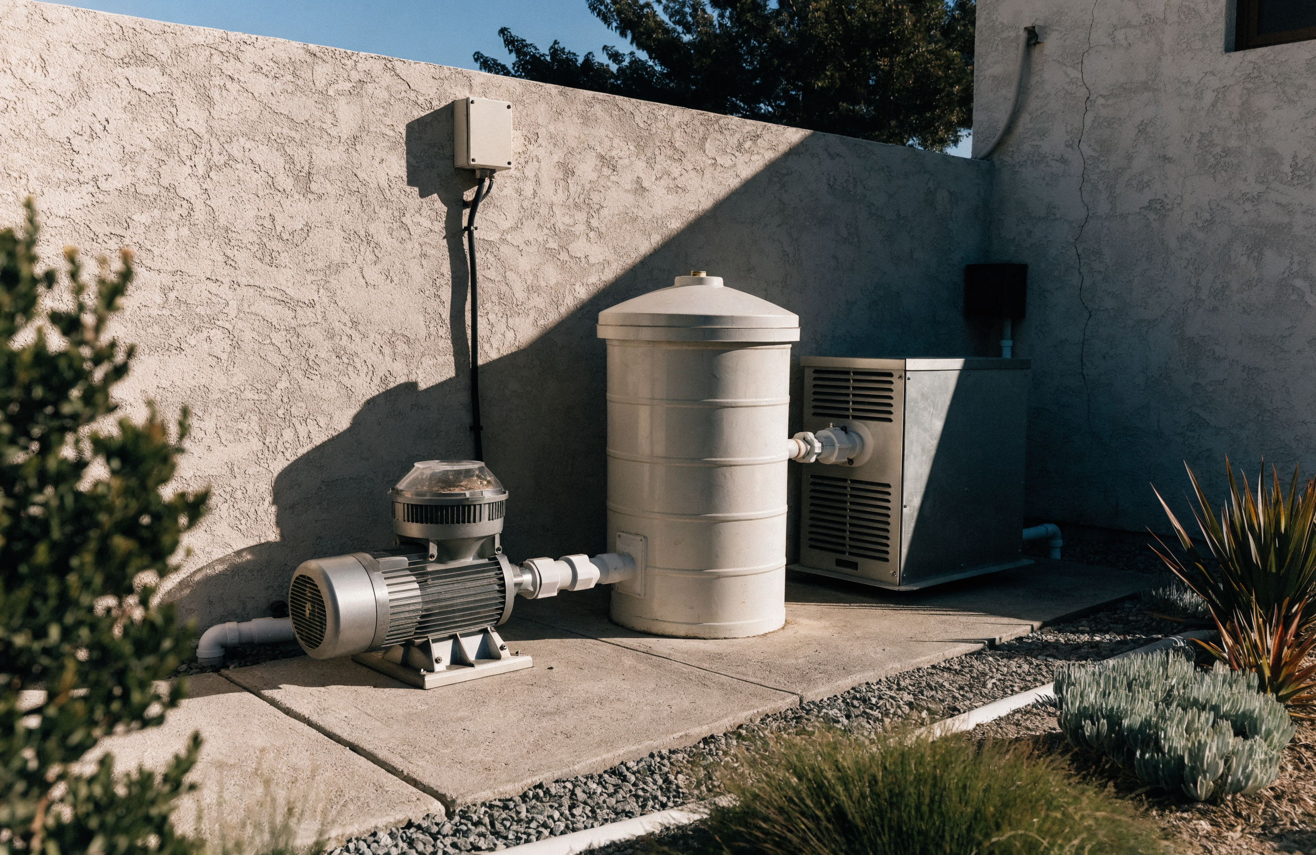 Pool pump, cartridge filter and gas heater on a concrete equipment pad beside a stucco wall