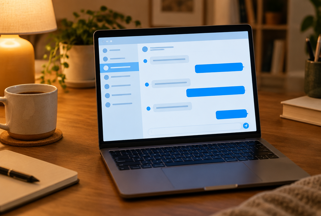 Laptop showing an abstract chat conversation interface