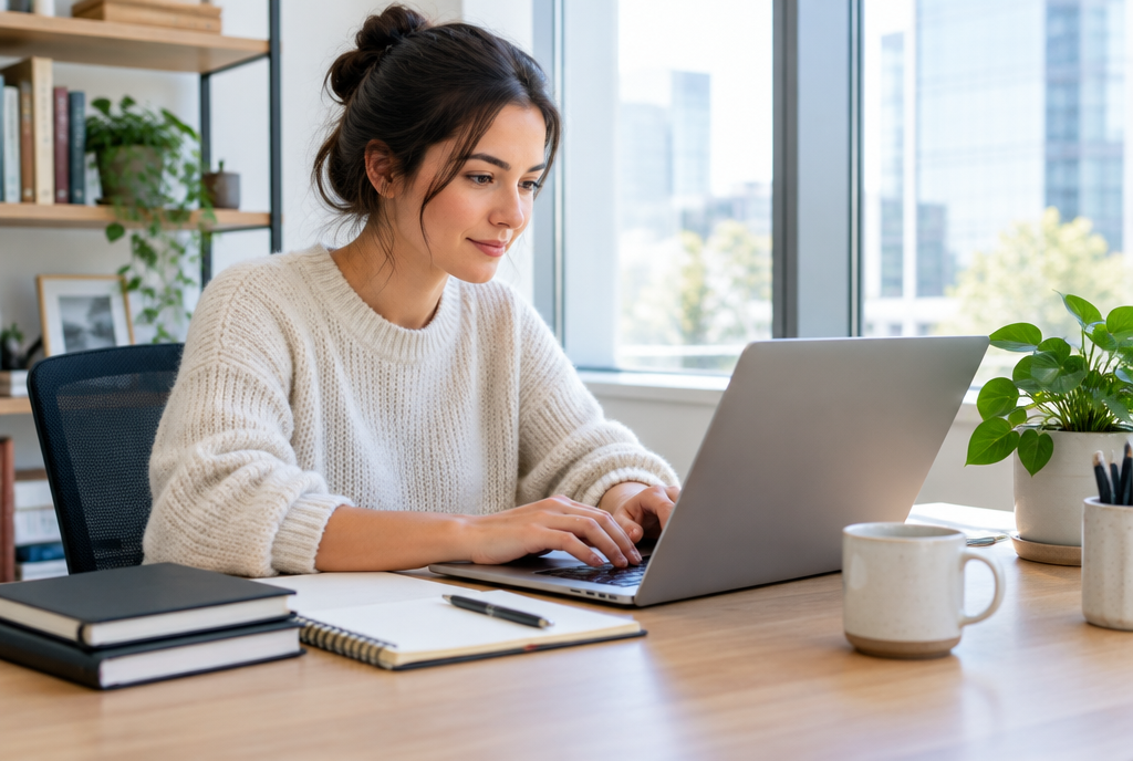 Writer typing at a laptop in a bright office