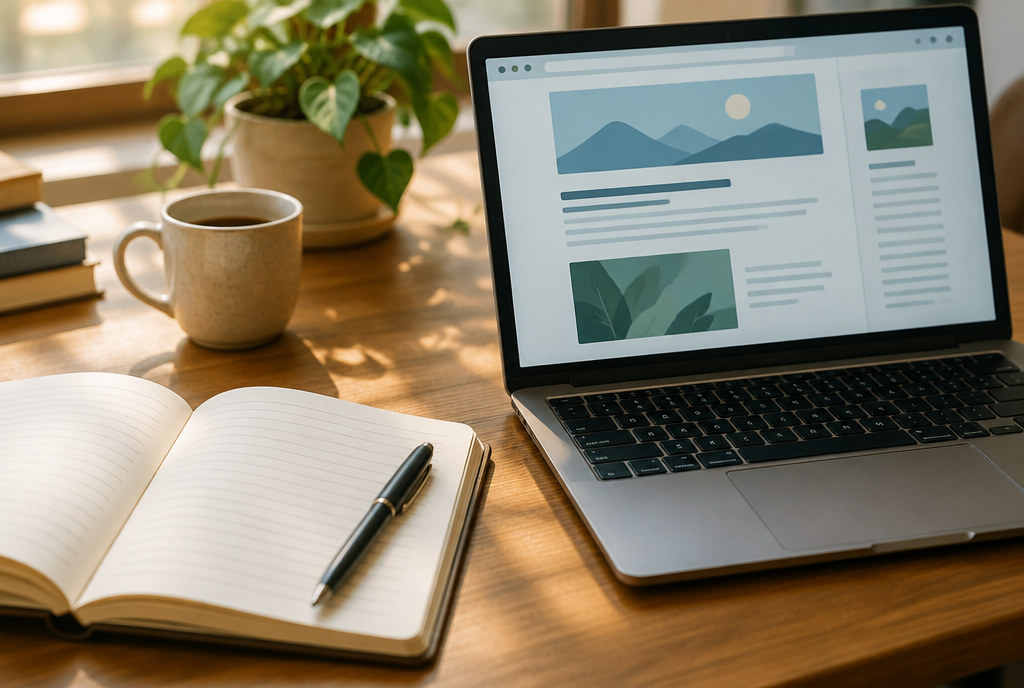 Open notebook beside a laptop showing a blog layout