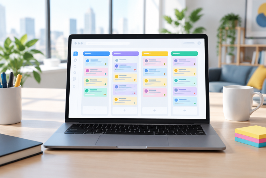 Laptop showing a kanban pipeline board interface