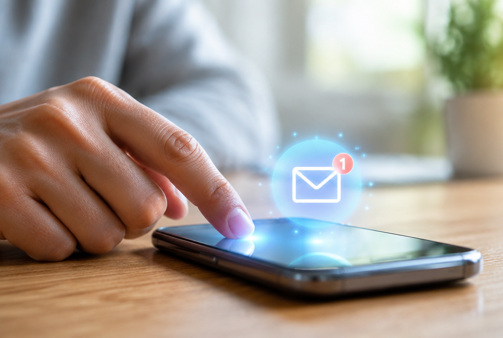 Hand tapping a smartphone with an email notification