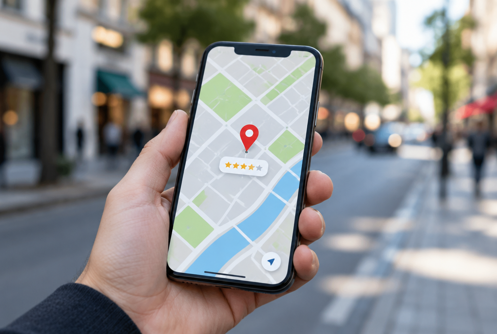 Smartphone showing a local map and rating interface