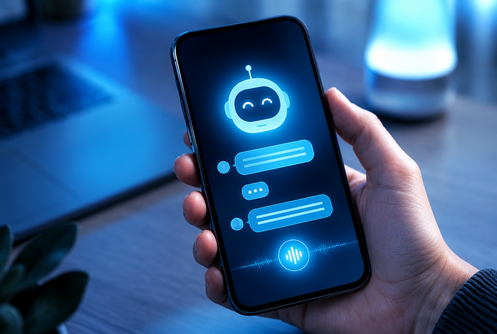 Smartphone showing a glowing AI chat assistant interface