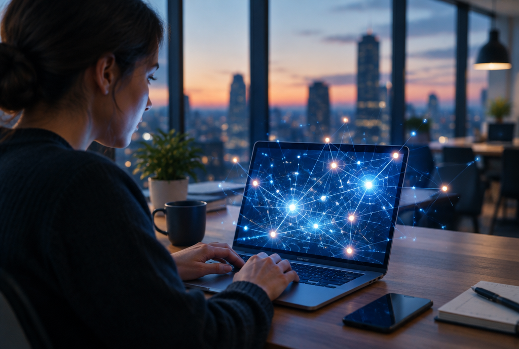Person at a laptop with a glowing network of connected nodes