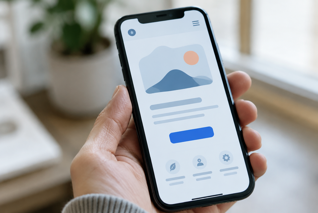 Smartphone showing a simple landing page with one button