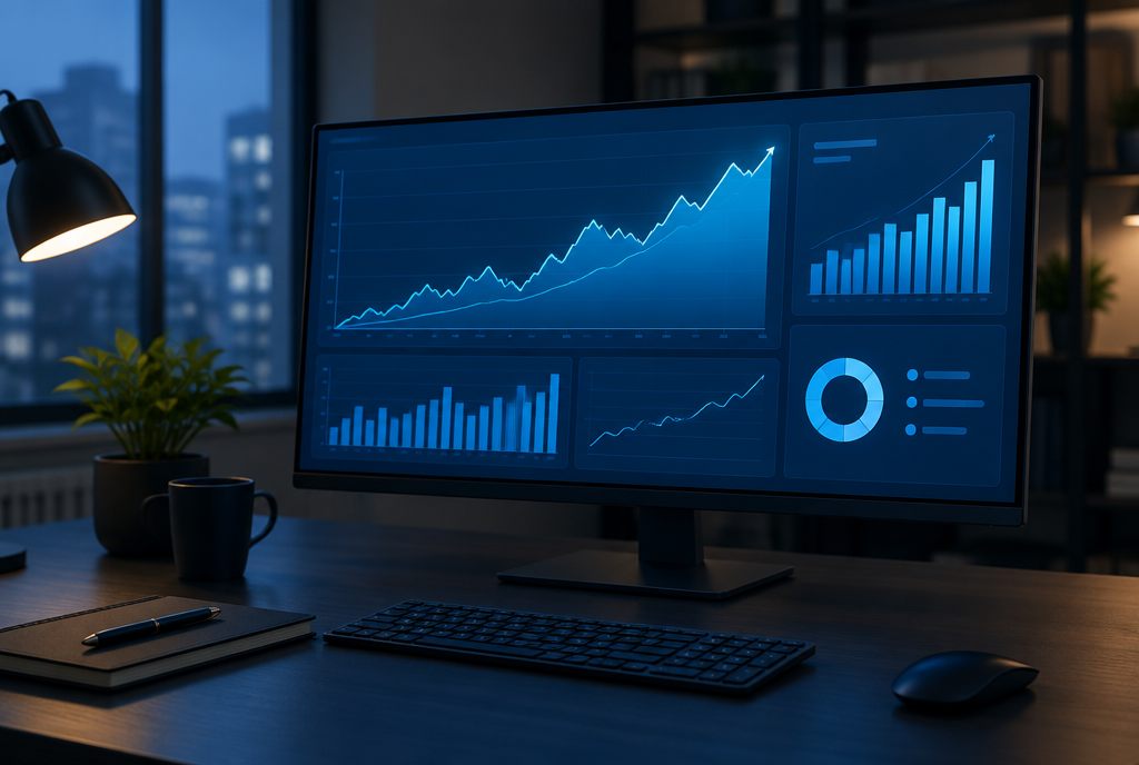 Monitor showing upward-trending analytics graphs
