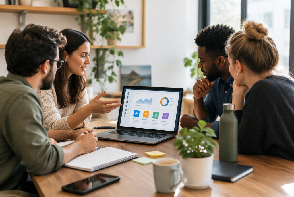 Marketing team collaborating around a services dashboard