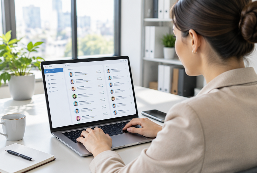 Professional at a laptop reviewing a prospect list