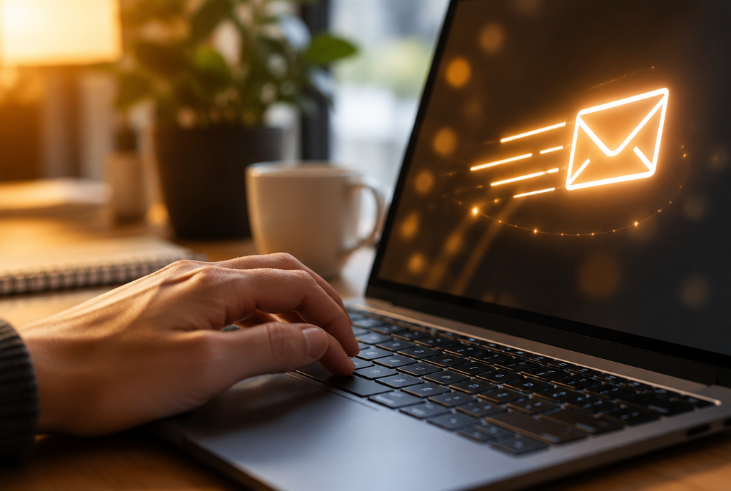 Hand on a keyboard with an outgoing message icon