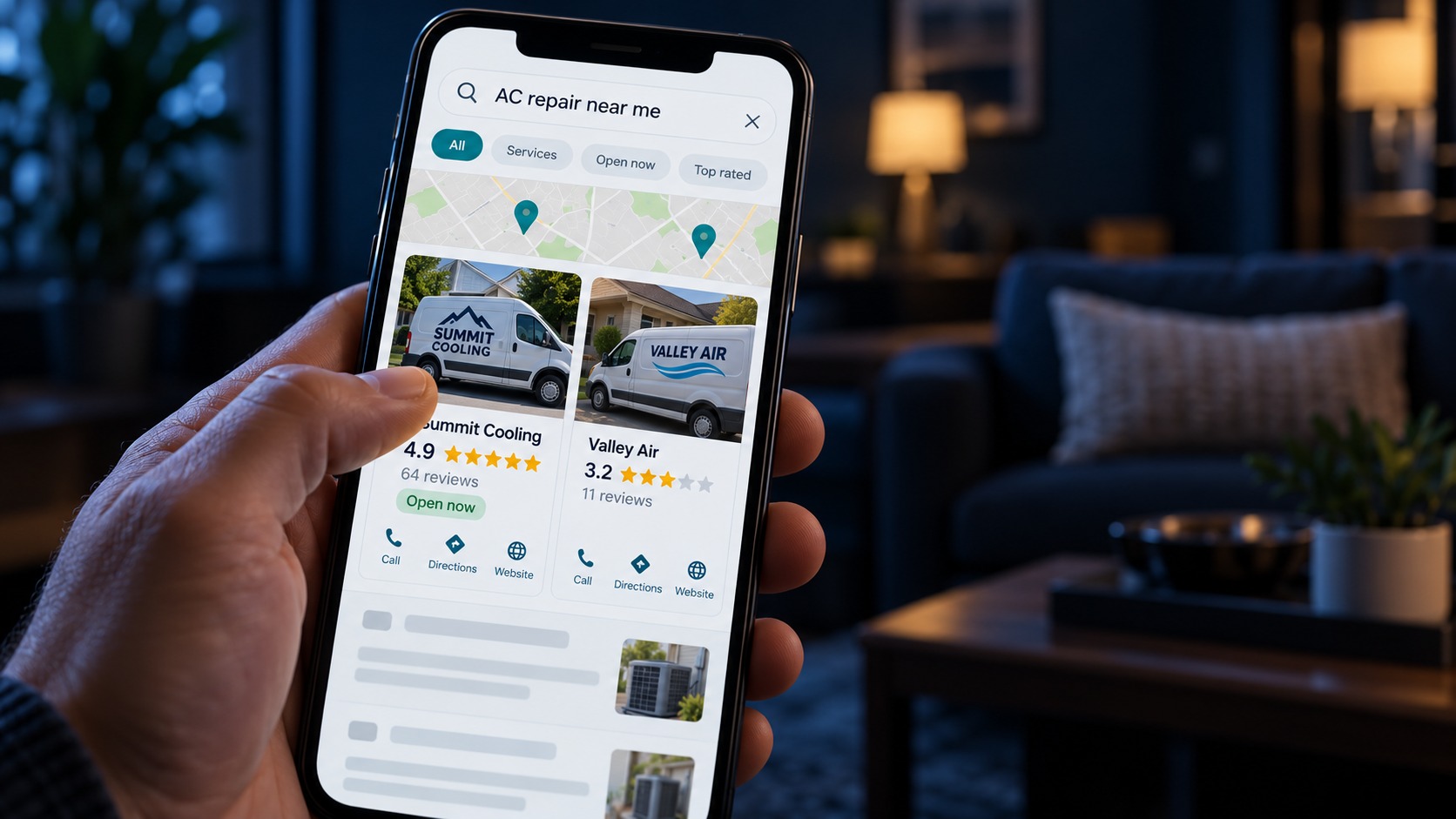 Illustrative search results showing two AC contractors with different ratings and review counts.