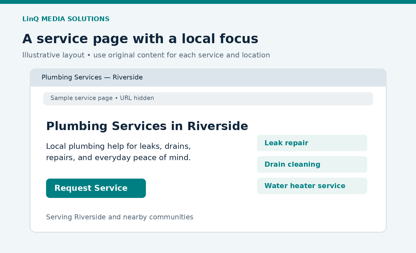 Illustrative plumbing service page for Riverside with service details and a request-service button.