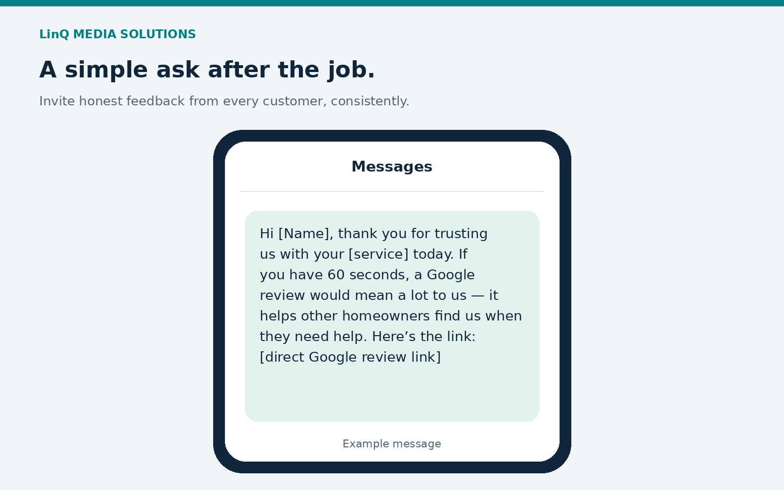 Phone mockup containing the complete review-request text template.