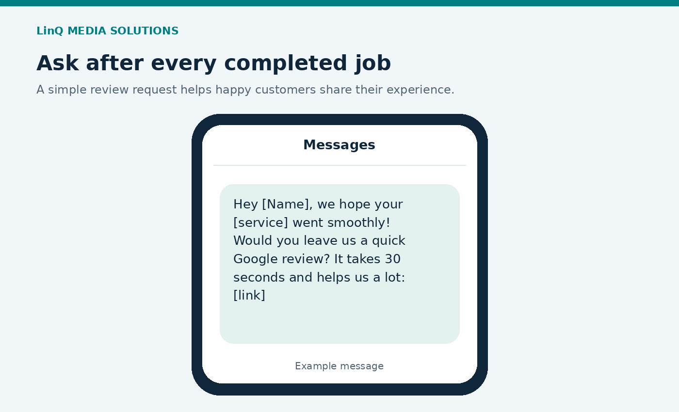 Example review-request text message after a completed home service job.