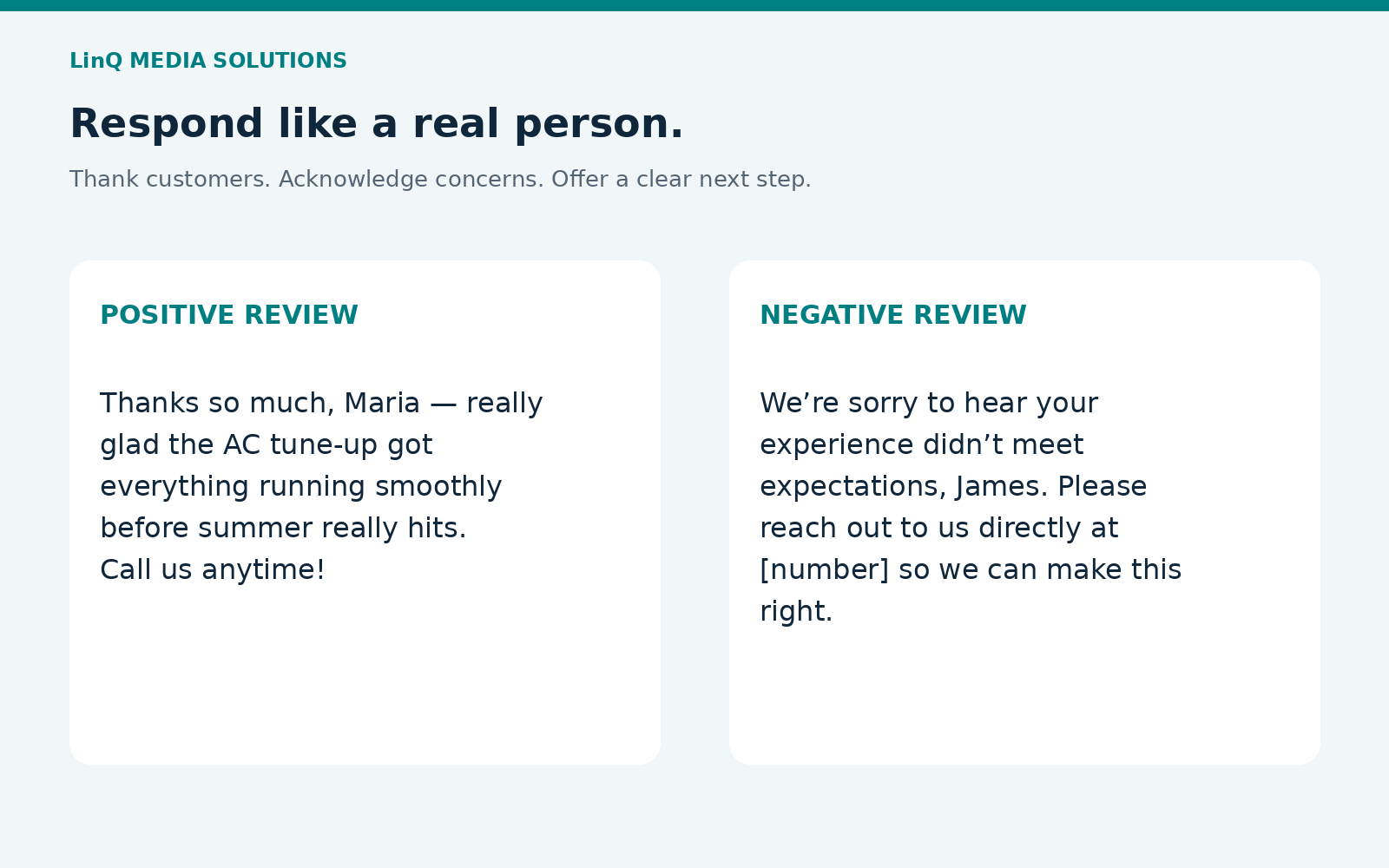Examples of personal positive and professional negative review responses.