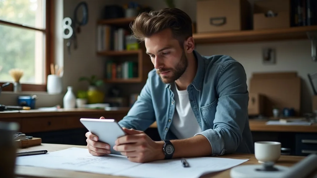garage door missed call solution - Small business owner checking missed calls on a tablet, thoughtful expression in a cozy garage workshop, photorealistic image with realistic tools and blueprints