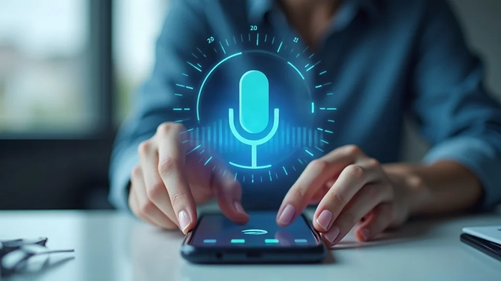 ai answering for phone calls - Modern AI voice assistant interface overlay above a ringing smartphone, hands about to pick up, photorealistic office branding and digital waveforms