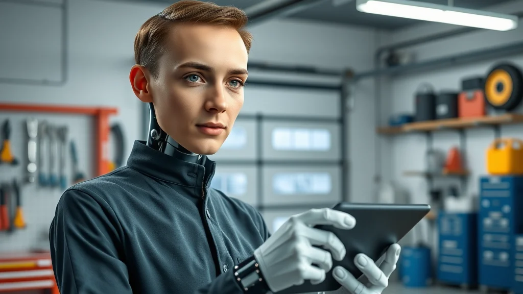 AI receptionist on tablet greeting digital customer in garage door company workspace with organized tools and blue-grey palette, photorealistic with crisp details, professional lighting